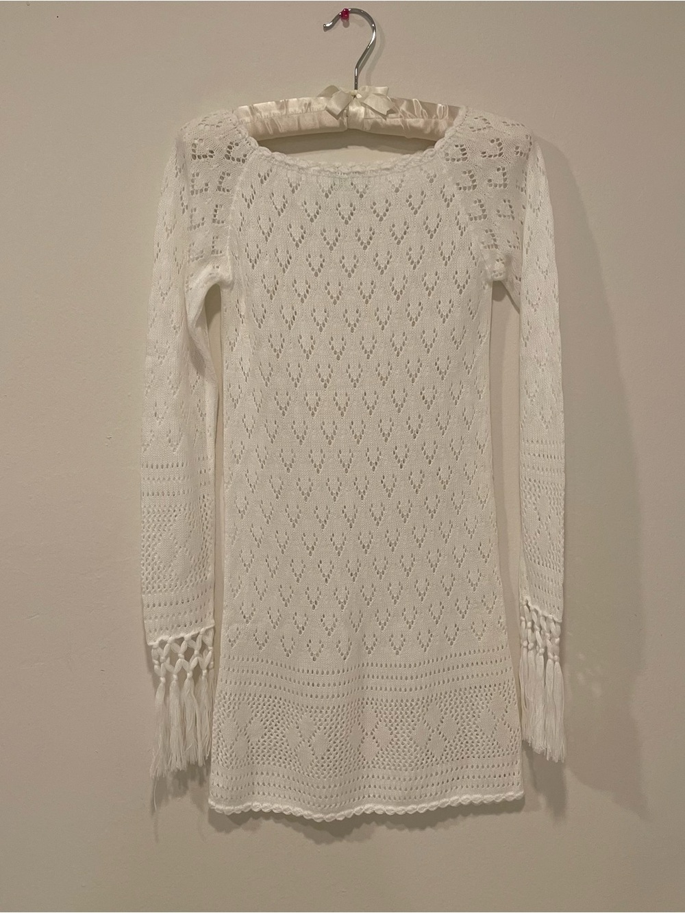 Farm Rio White Crochet Long Sleeve Fringe Hem mini Dress - Women's
